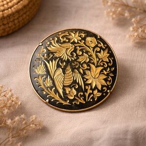 Vintage Damascene Brooch Gold Inlay Bird Floral Black Round Pin